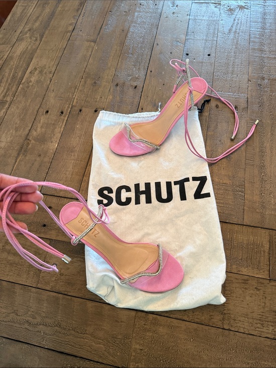 SCHUTZ Shoes - SCHUTZ Pink Suede Lace-Up Heeled Sandals with Crystal Trim